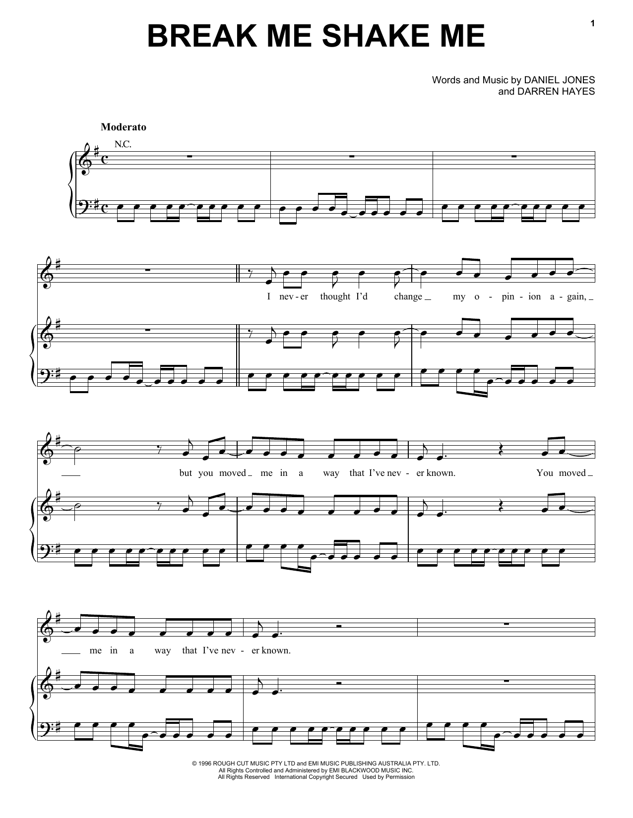 Savage Garden Break Me Shake Me Sheet Music Notes & Chords for Piano, Vocal & Guitar (Right-Hand Melody) - Download or Print PDF