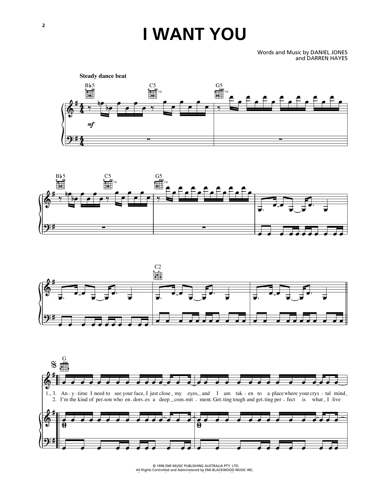 Savage Garden I Want You Sheet Music Notes & Chords for Piano, Vocal & Guitar (Right-Hand Melody) - Download or Print PDF