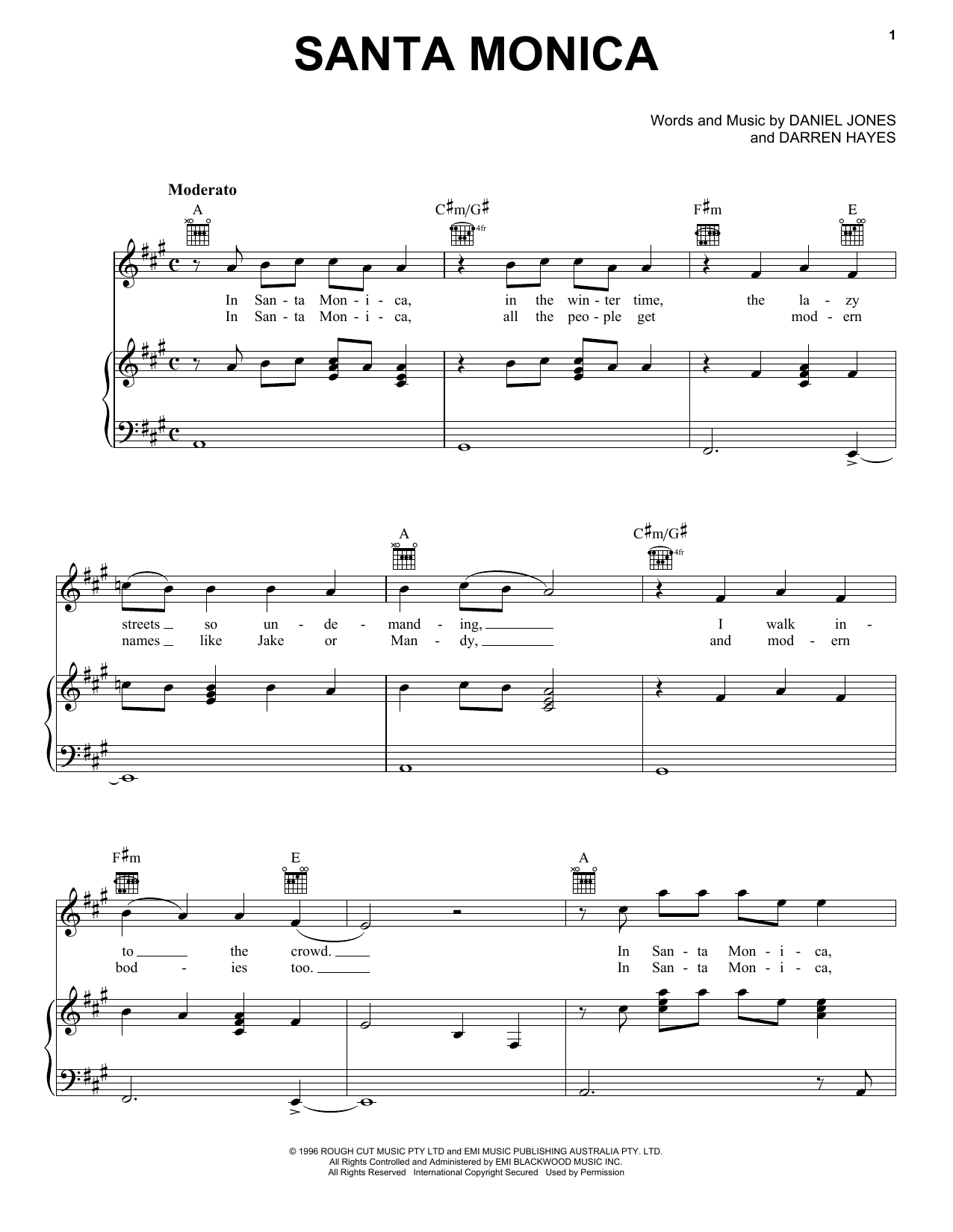 Savage Garden Santa Monica Sheet Music Notes & Chords for Piano, Vocal & Guitar (Right-Hand Melody) - Download or Print PDF