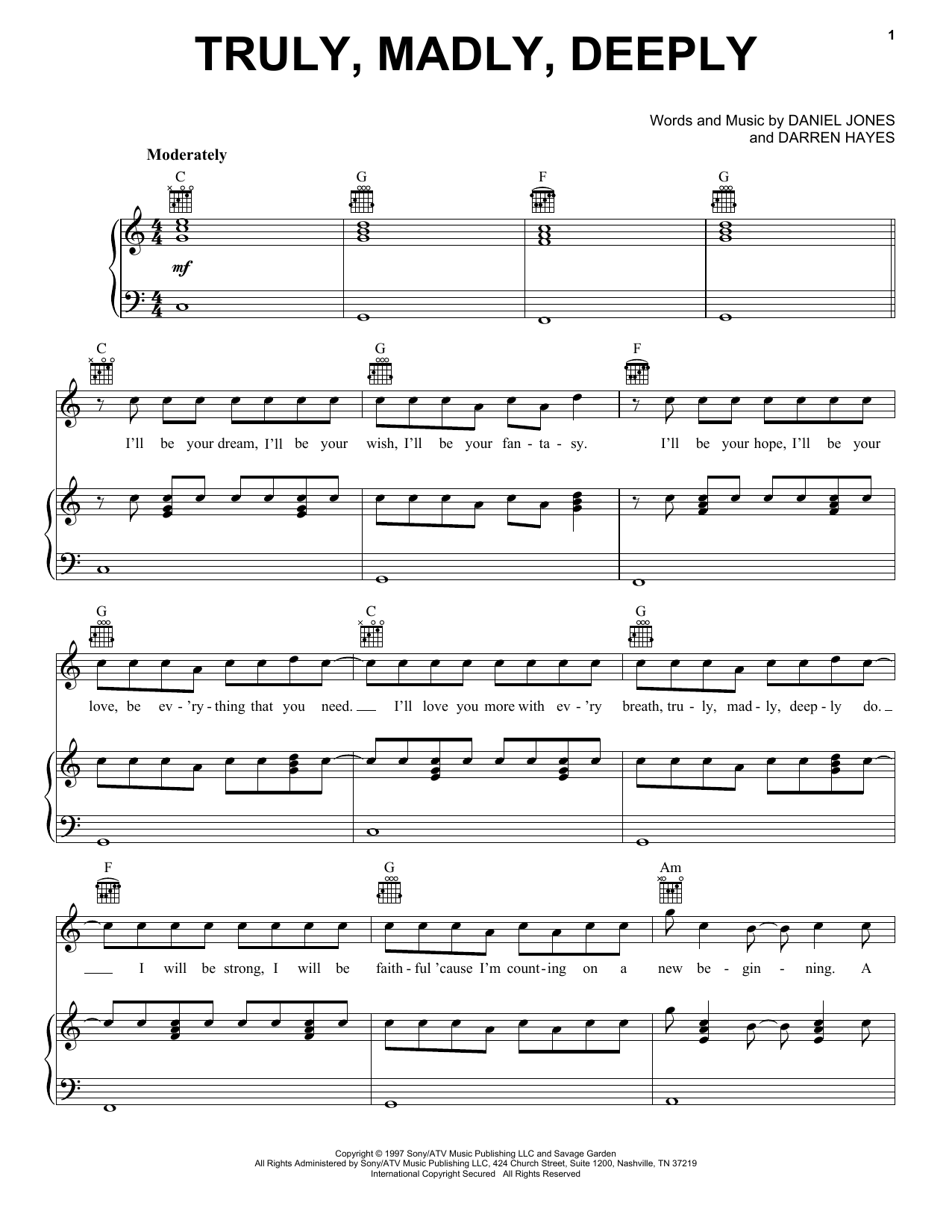 Savage Garden Truly, Madly, Deeply Sheet Music Notes & Chords for Piano, Vocal & Guitar (Right-Hand Melody) - Download or Print PDF