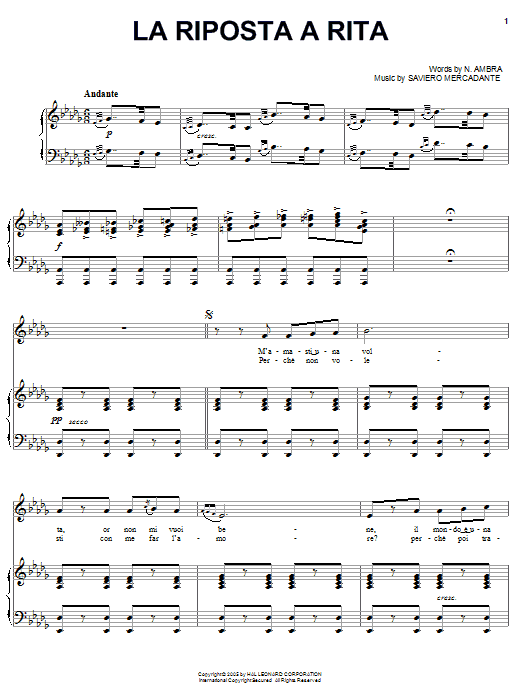Saviero Mercadante La riposta a rita Sheet Music Notes & Chords for Piano, Vocal & Guitar (Right-Hand Melody) - Download or Print PDF