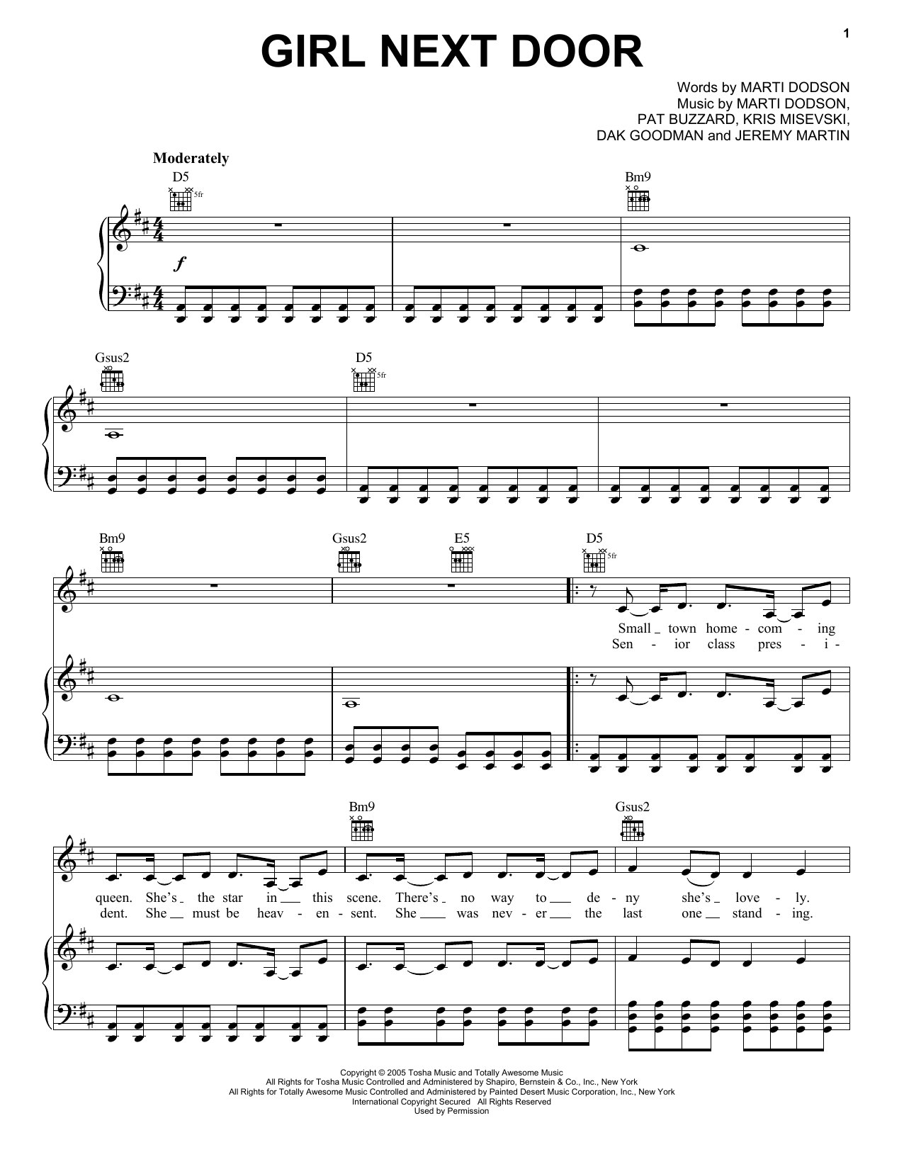Saving Jane Girl Next Door Sheet Music Notes & Chords for Piano, Vocal & Guitar (Right-Hand Melody) - Download or Print PDF