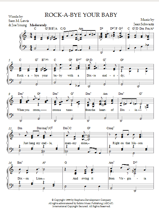 Schwartz Rock-A-Bye Your Baby (With A Dixie Melody) Sheet Music Notes & Chords for Piano - Download or Print PDF