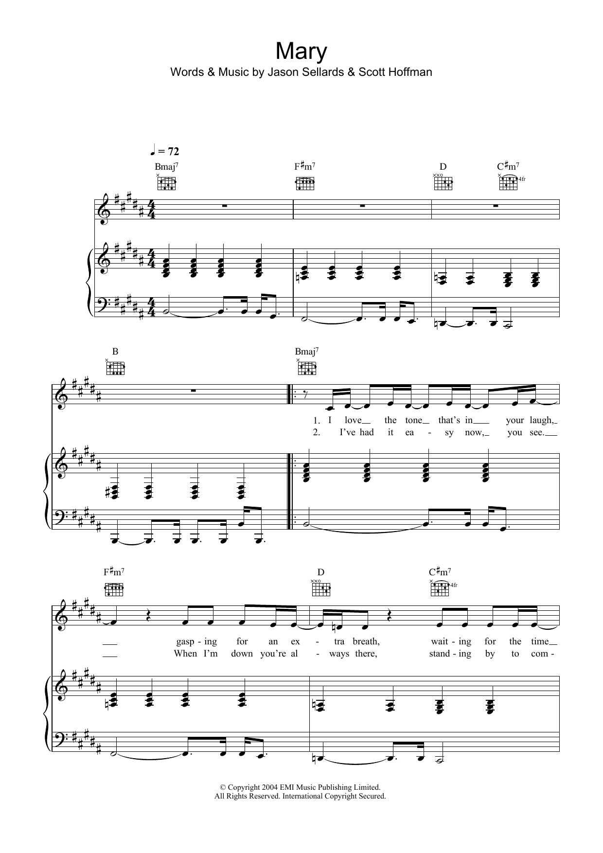 Scissor Sisters Mary Sheet Music Notes & Chords for Piano, Vocal & Guitar (Right-Hand Melody) - Download or Print PDF