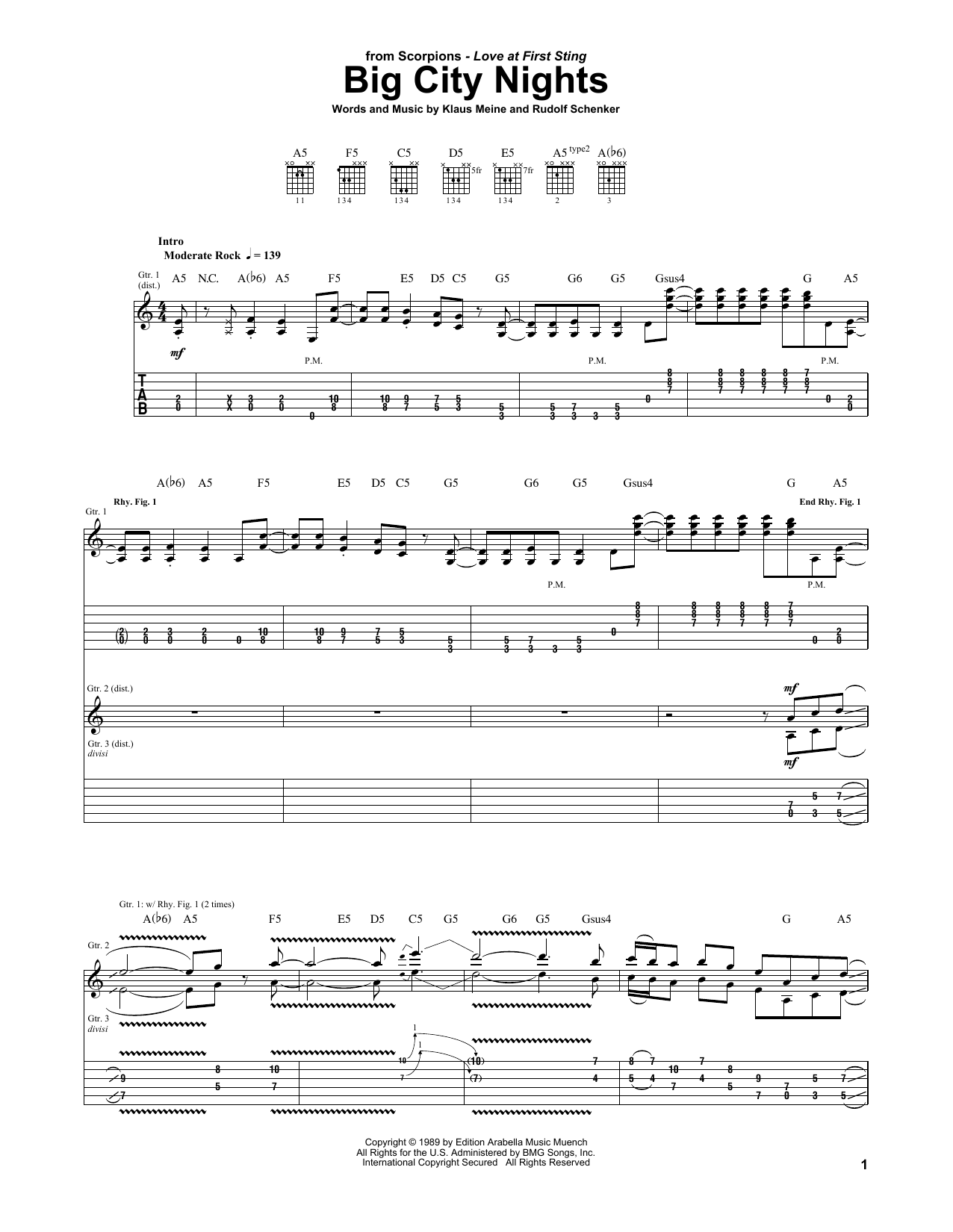 Scorpions Big City Nights Sheet Music Notes & Chords for Guitar Tab - Download or Print PDF