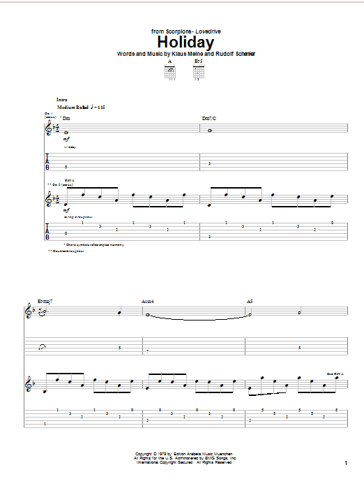 Scorpions Holiday Sheet Music Notes & Chords for Guitar Tab - Download or Print PDF