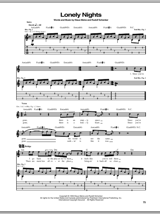 Scorpions Lonely Nights Sheet Music Notes & Chords for Guitar Tab - Download or Print PDF