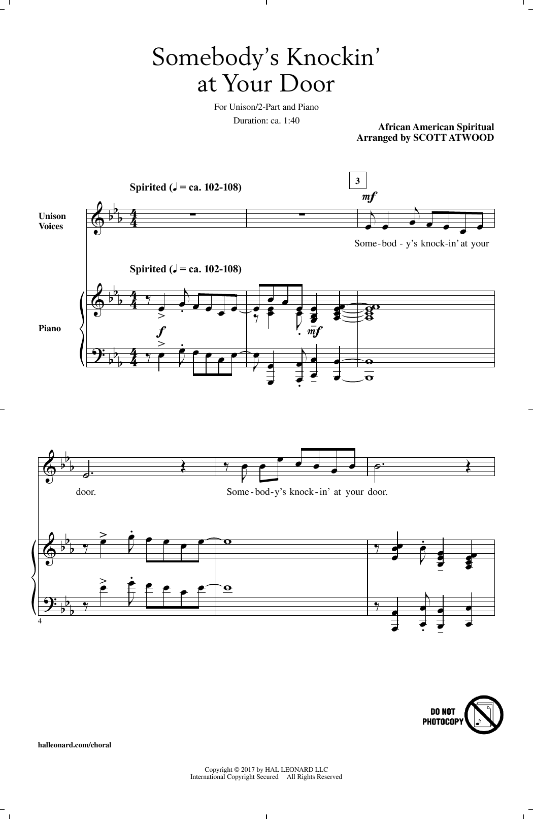 Scott Atwood Somebody's Knockin' At Your Door Sheet Music Notes & Chords for Unison Choral - Download or Print PDF