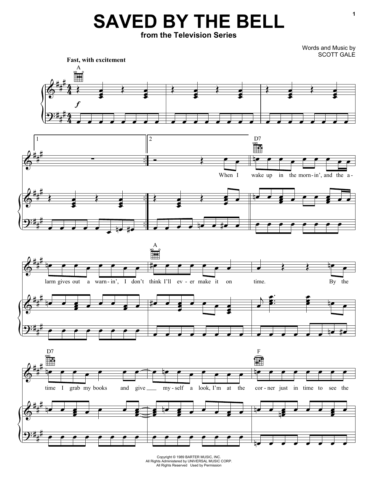 Scott Gale Saved By The Bell Sheet Music Notes & Chords for Piano, Vocal & Guitar (Right-Hand Melody) - Download or Print PDF