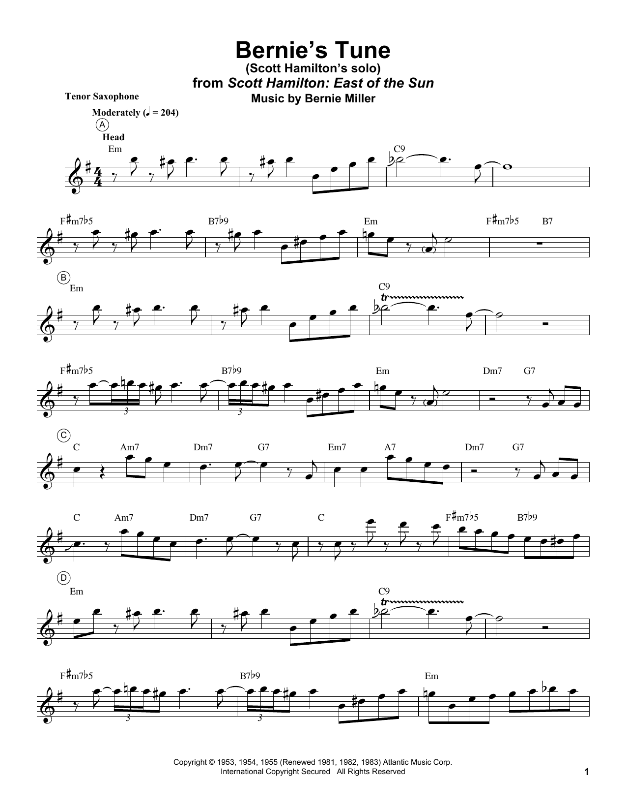 Scott Hamilton Bernie's Tune Sheet Music Notes & Chords for Tenor Sax Transcription - Download or Print PDF