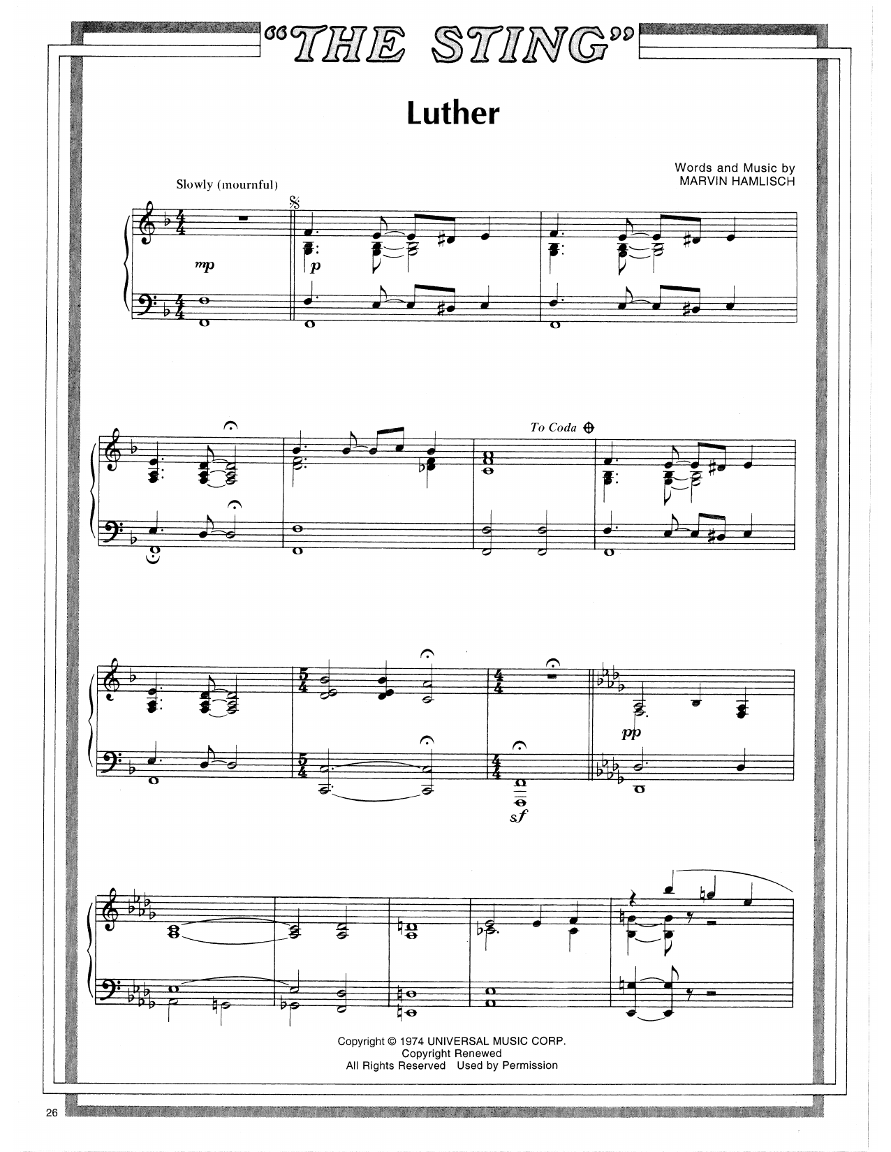 Scott Joplin Luther (from The Sting) Sheet Music Notes & Chords for Piano Solo - Download or Print PDF