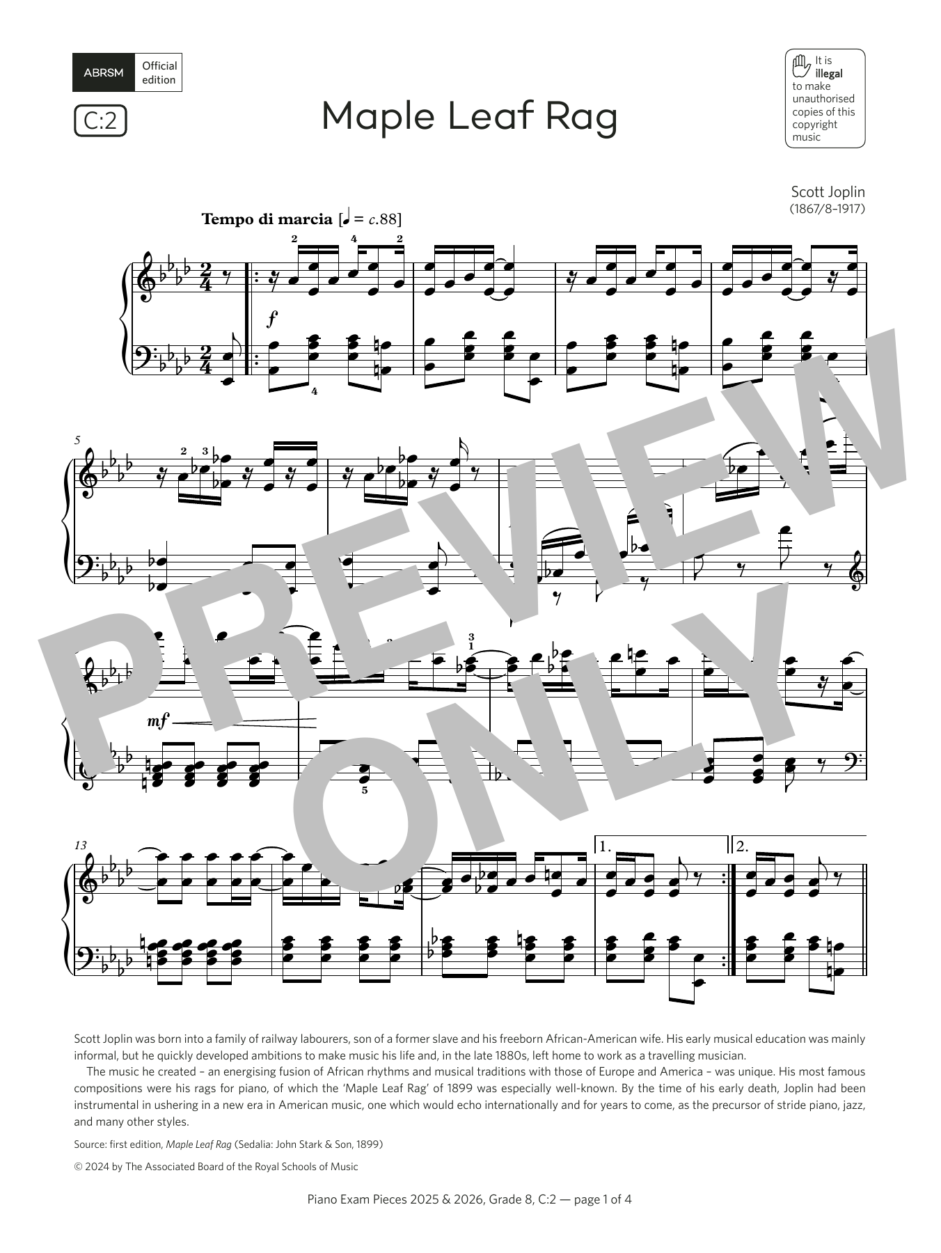 Scott Joplin Maple Leaf Rag (Grade 8, list C2, from the ABRSM Piano Syllabus 2025 & 2026) Sheet Music Notes & Chords for Piano Solo - Download or Print PDF