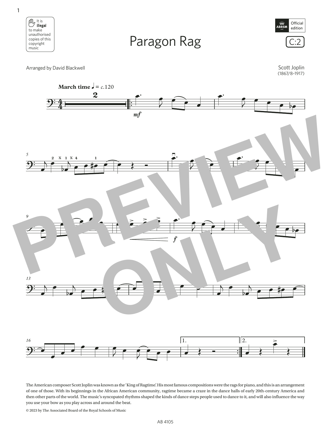 Scott Joplin Paragon Rag (Grade 2, C2, from the ABRSM Cello Syllabus from 2024) Sheet Music Notes & Chords for Cello Solo - Download or Print PDF