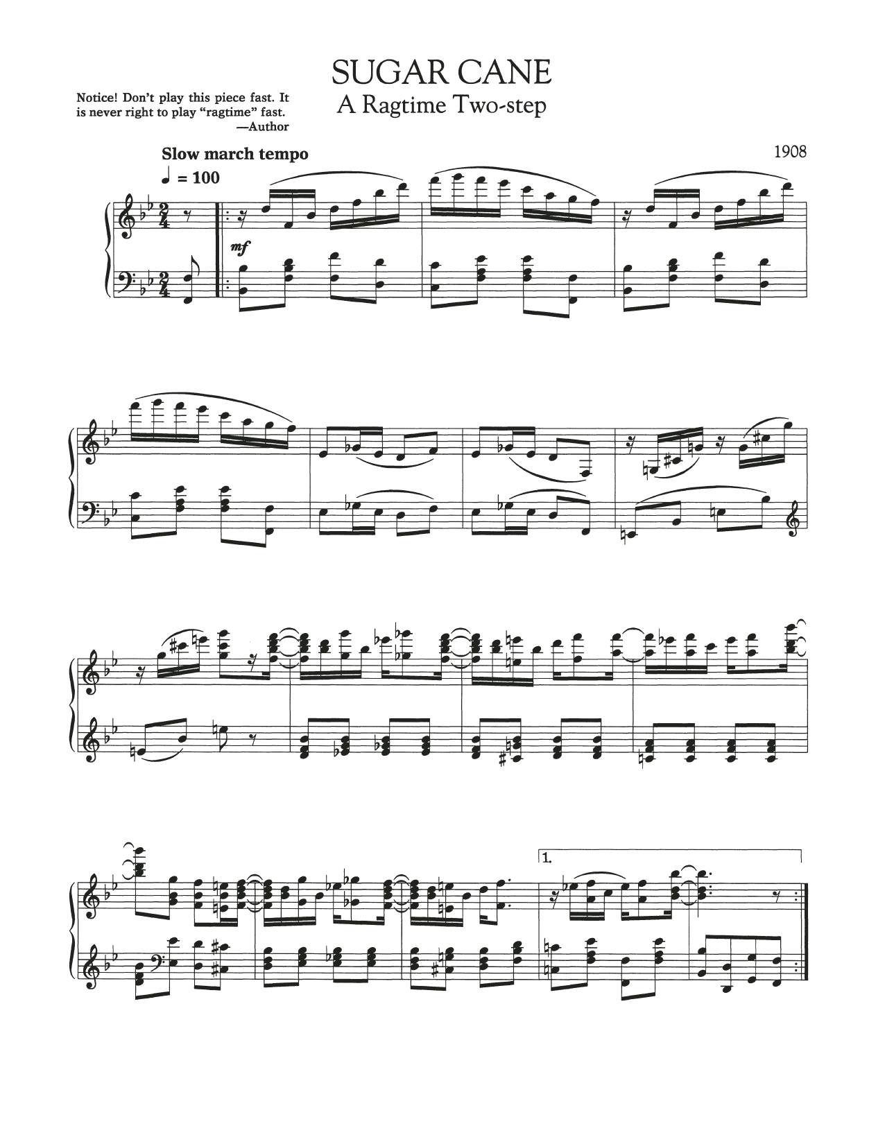 Scott Joplin Sugar Cane Rag Sheet Music Notes & Chords for Piano Solo - Download or Print PDF