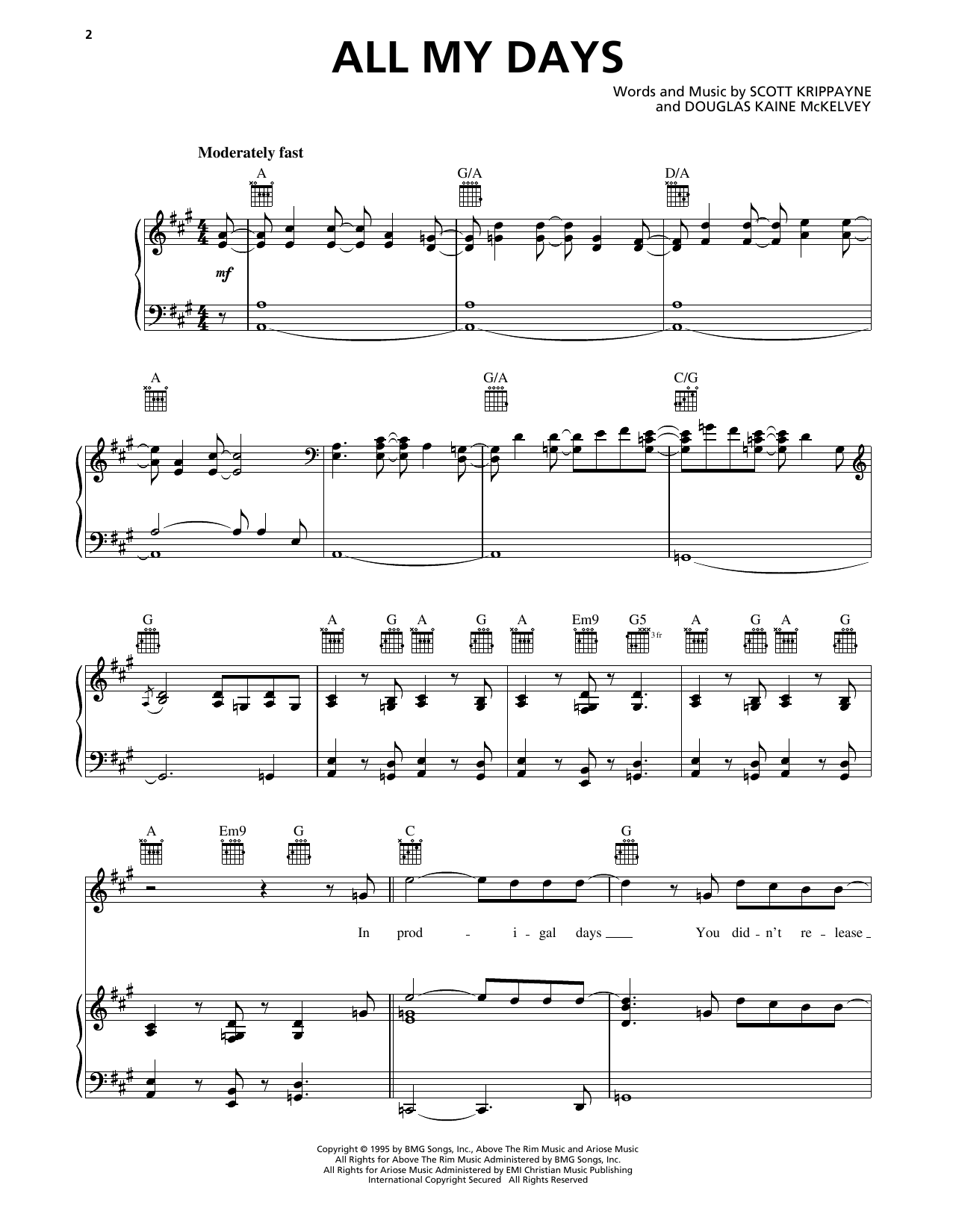 Scott Krippayne All My Days Sheet Music Notes & Chords for Piano, Vocal & Guitar Chords (Right-Hand Melody) - Download or Print PDF