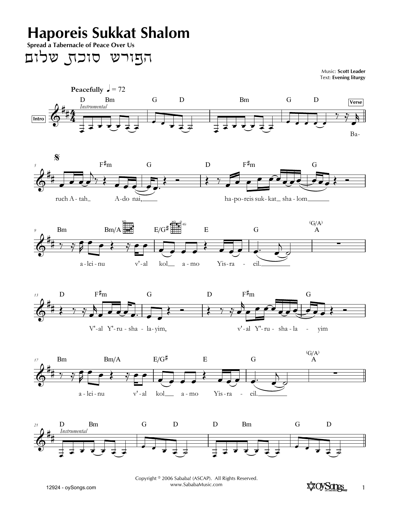 Scott Leader Haporeis Sukkat Shalom Sheet Music Notes & Chords for Melody Line, Lyrics & Chords - Download or Print PDF