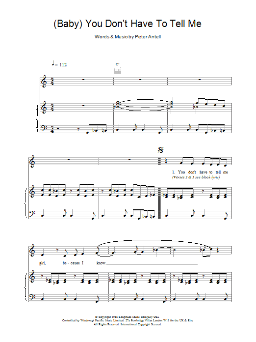 Scott Walker (Baby) You Don't Have To Tell Me Sheet Music Notes & Chords for Piano, Vocal & Guitar - Download or Print PDF