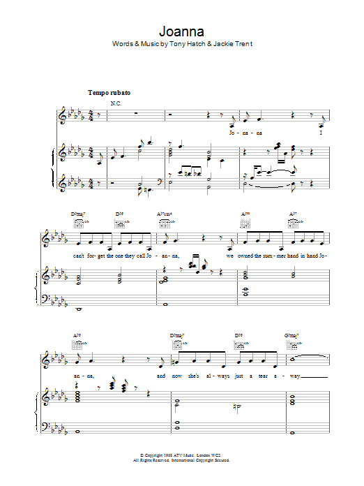 Scott Walker Joanna Sheet Music Notes & Chords for Piano, Vocal & Guitar - Download or Print PDF
