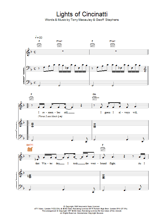 Scott Walker Lights of Cincinatti Sheet Music Notes & Chords for Piano, Vocal & Guitar (Right-Hand Melody) - Download or Print PDF
