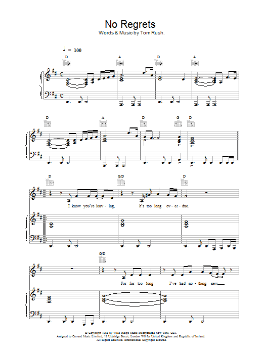 Scott Walker No Regrets Sheet Music Notes & Chords for Piano, Vocal & Guitar - Download or Print PDF