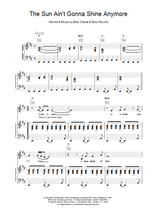 Scott Walker The Sun Ain't Gonna Shine Anymore Sheet Music Notes & Chords for Piano, Vocal & Guitar - Download or Print PDF
