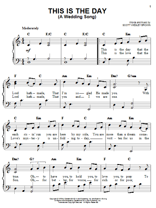 Scott Wesley Brown This Is The Day (A Wedding Song) Sheet Music Notes & Chords for Melody Line, Lyrics & Chords - Download or Print PDF