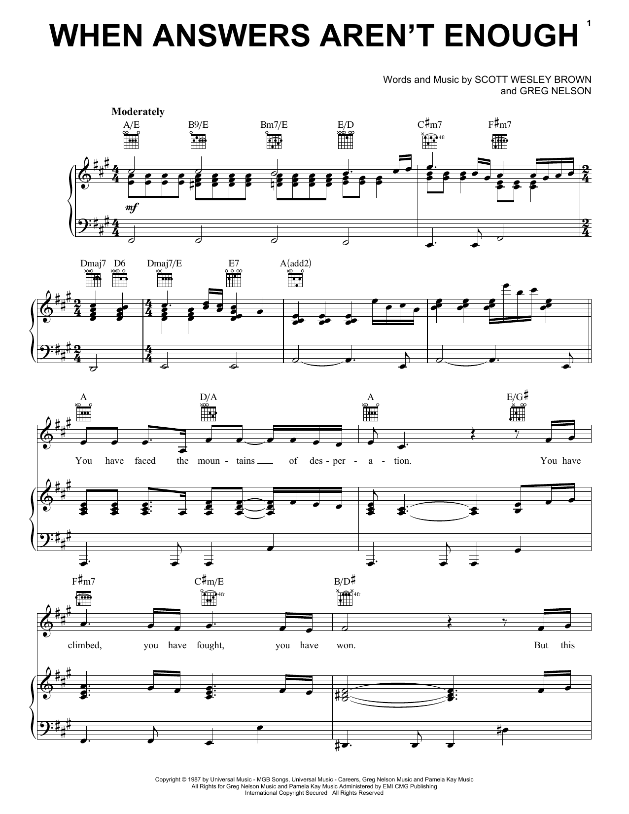 Scott Wesley Brown When Answers Aren't Enough Sheet Music Notes & Chords for Piano, Vocal & Guitar (Right-Hand Melody) - Download or Print PDF