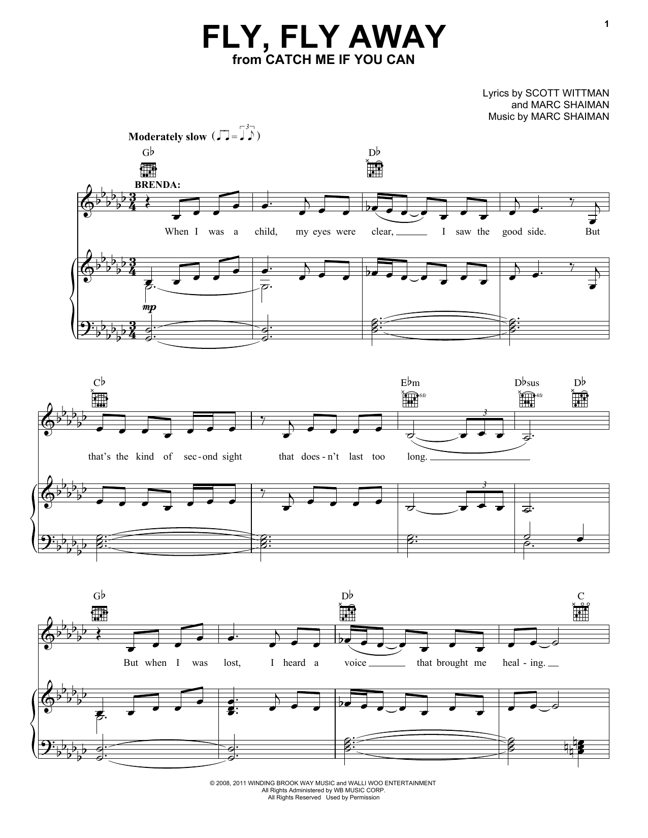 Scott Wittman Fly, Fly Away Sheet Music Notes & Chords for Piano, Vocal & Guitar (Right-Hand Melody) - Download or Print PDF