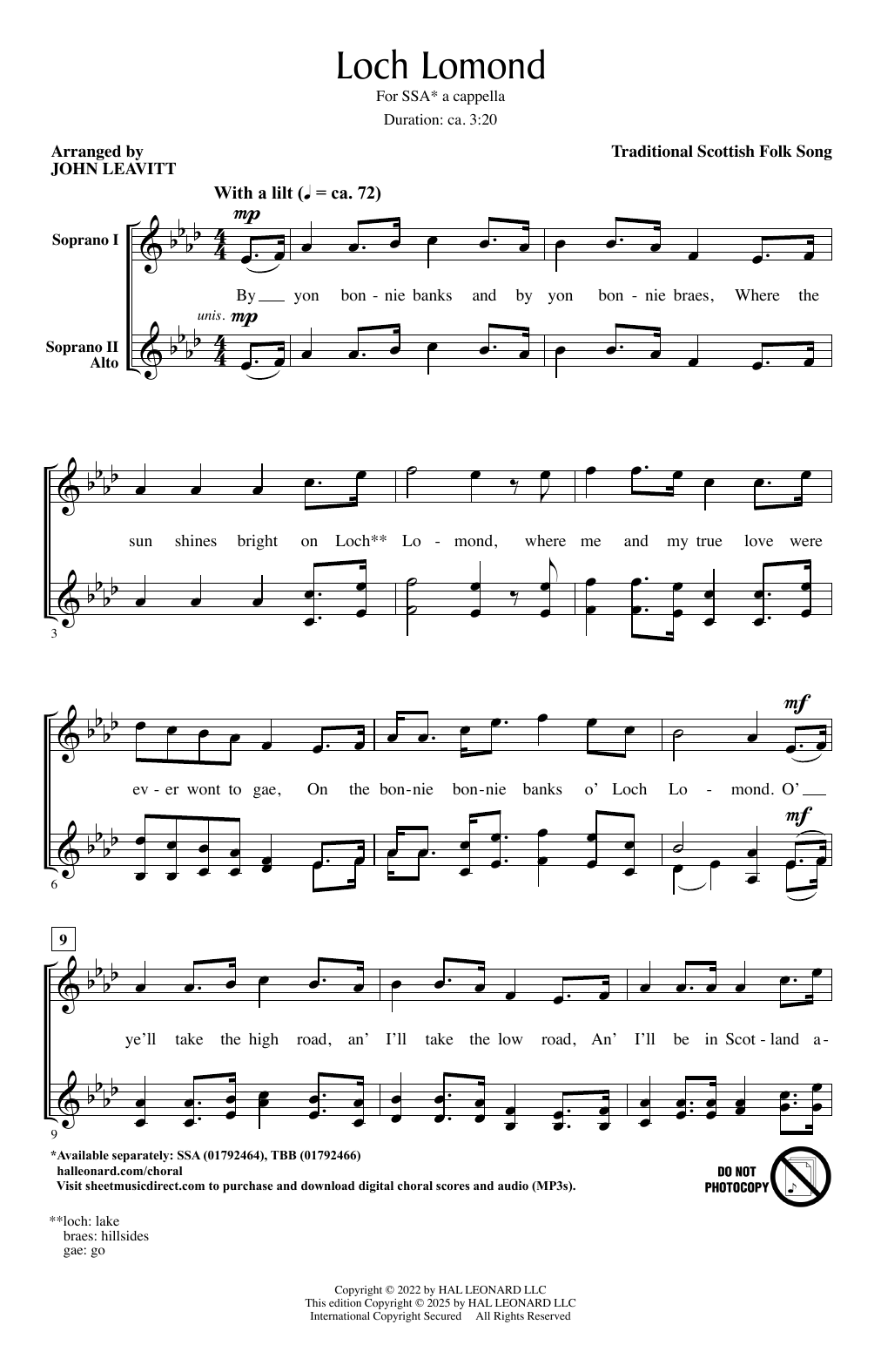 Scottish Folk Song Loch Lomond (arr. John Leavitt) Sheet Music Notes & Chords for SSA Choir - Download or Print PDF Scottish Folk Song Loch Lomond (arr. John Leavitt) Sheet Music Notes & Chords for SSA Choir - Download or Print PDF