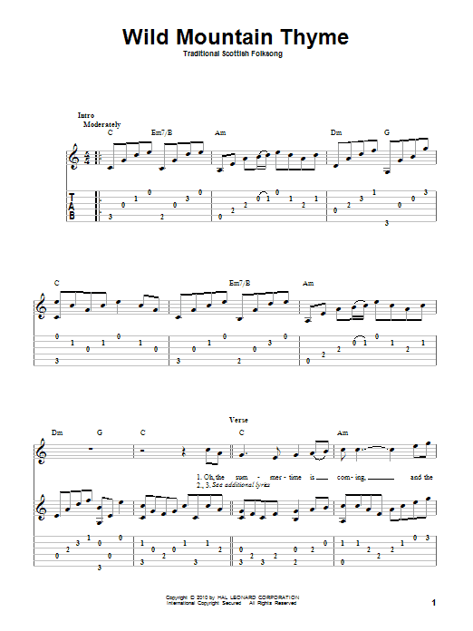 Traditional Scottish Folksong Wild Mountain Thyme Sheet Music Notes & Chords for Guitar Tab - Download or Print PDF