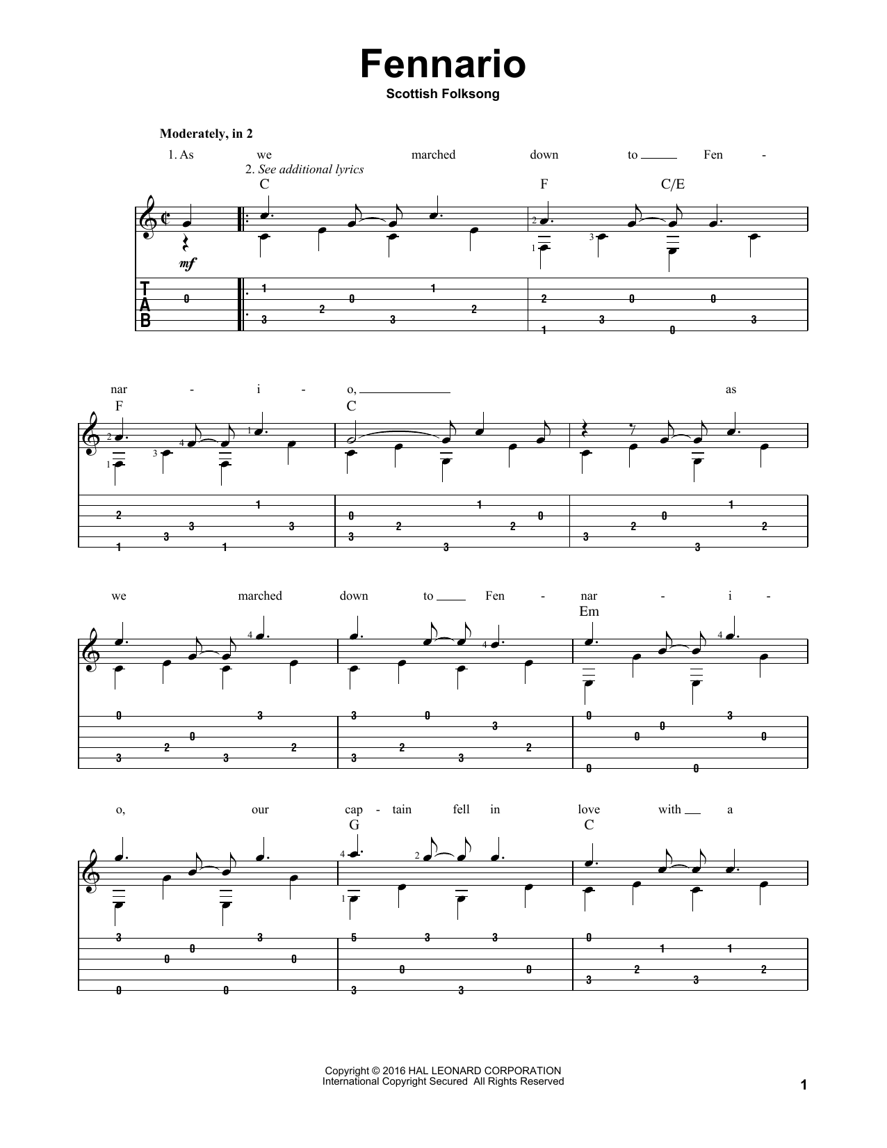 Scottish Folksong Fennario Sheet Music Notes & Chords for Guitar Tab - Download or Print PDF