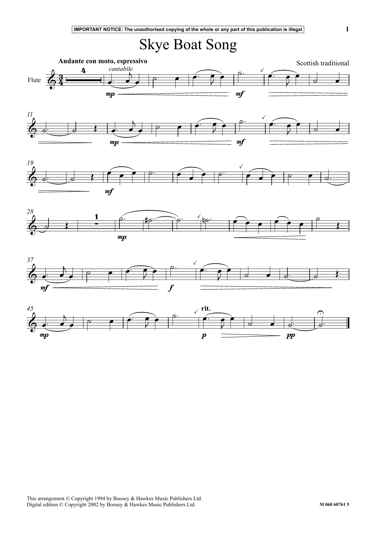 Scottish Traditional Skye Boat Song Sheet Music Notes & Chords for Instrumental Solo - Download or Print PDF