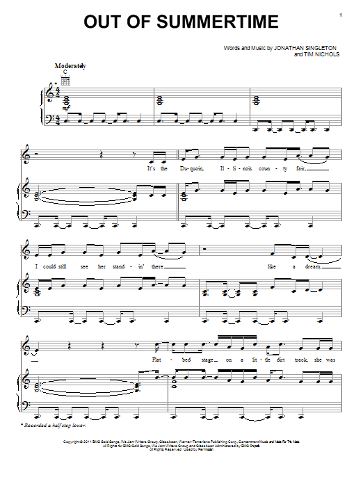 Scotty McCreery Out Of Summertime Sheet Music Notes & Chords for Piano, Vocal & Guitar (Right-Hand Melody) - Download or Print PDF