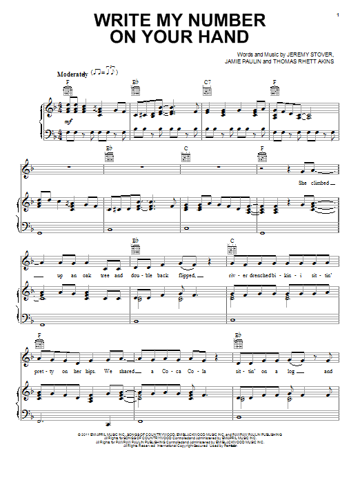 Scotty McCreery Write My Number On Your Hand Sheet Music Notes & Chords for Piano, Vocal & Guitar (Right-Hand Melody) - Download or Print PDF