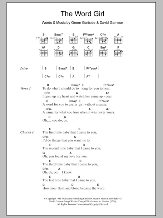 Scritti Politti The Word Girl Sheet Music Notes & Chords for Lyrics & Piano Chords - Download or Print PDF