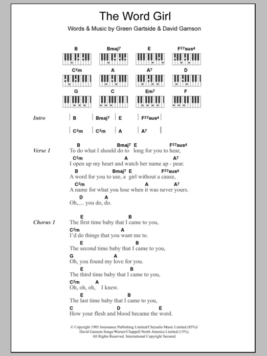 Scritti Politti The Word Girl Sheet Music Notes & Chords for Lyrics & Piano Chords - Download or Print PDF