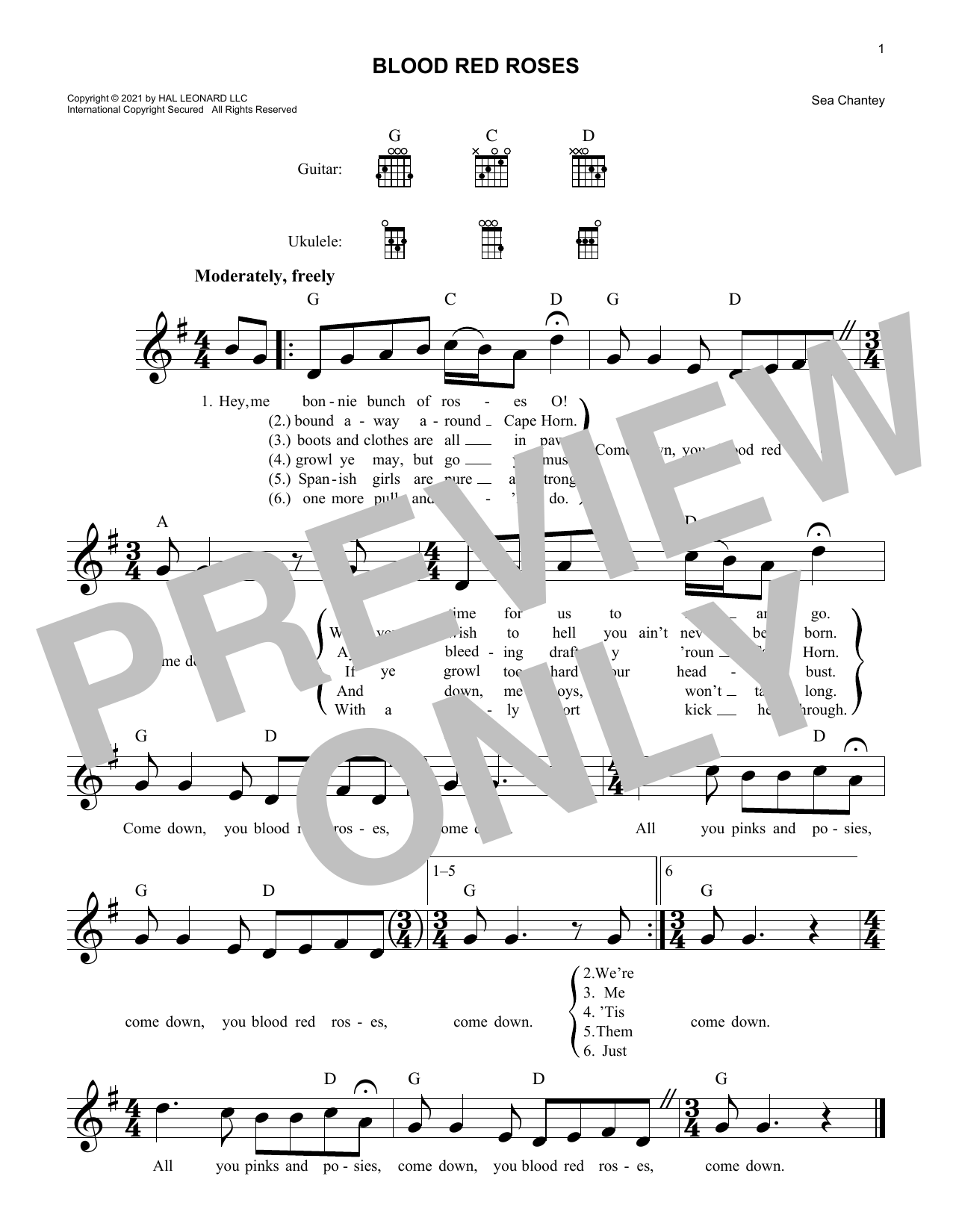 Sea Chantey Blood Red Roses Sheet Music Notes & Chords for Lead Sheet / Fake Book - Download or Print PDF