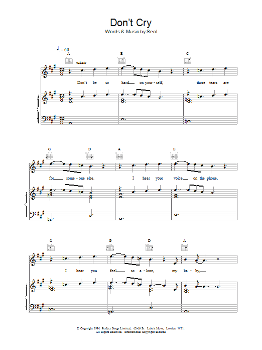 Seal Don't Cry Sheet Music Notes & Chords for Piano, Vocal & Guitar (Right-Hand Melody) - Download or Print PDF