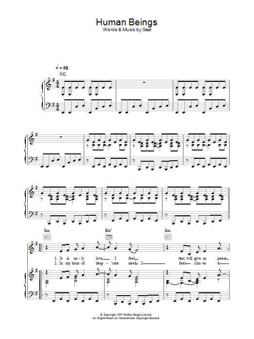 Seal Human Beings Sheet Music Notes & Chords for Piano, Vocal & Guitar (Right-Hand Melody) - Download or Print PDF