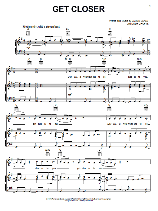 Seals & Crofts Get Closer Sheet Music Notes & Chords for Piano, Vocal & Guitar (Right-Hand Melody) - Download or Print PDF Seals & Crofts Get Closer Sheet Music Notes & Chords for Piano, Vocal & Guitar (Right-Hand Melody) - Download or Print PDF