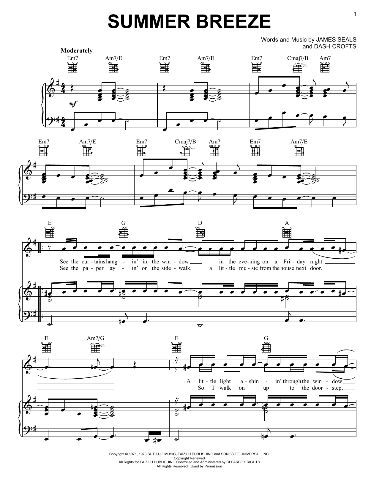 Seals & Crofts Summer Breeze Sheet Music Notes & Chords for Piano, Vocal & Guitar (Right-Hand Melody) - Download or Print PDF