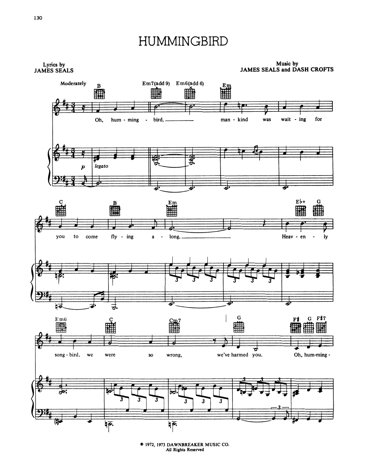 Seals and Crofts Hummingbird Sheet Music Notes & Chords for Piano & Vocal - Download or Print PDF