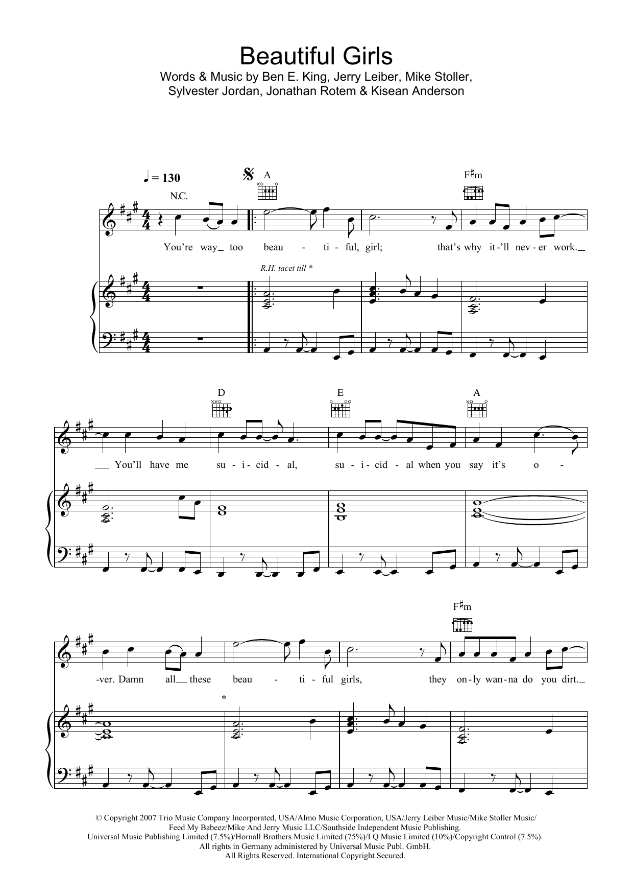 Sean Kingston Beautiful Girls Sheet Music Notes & Chords for Piano, Vocal & Guitar (Right-Hand Melody) - Download or Print PDF