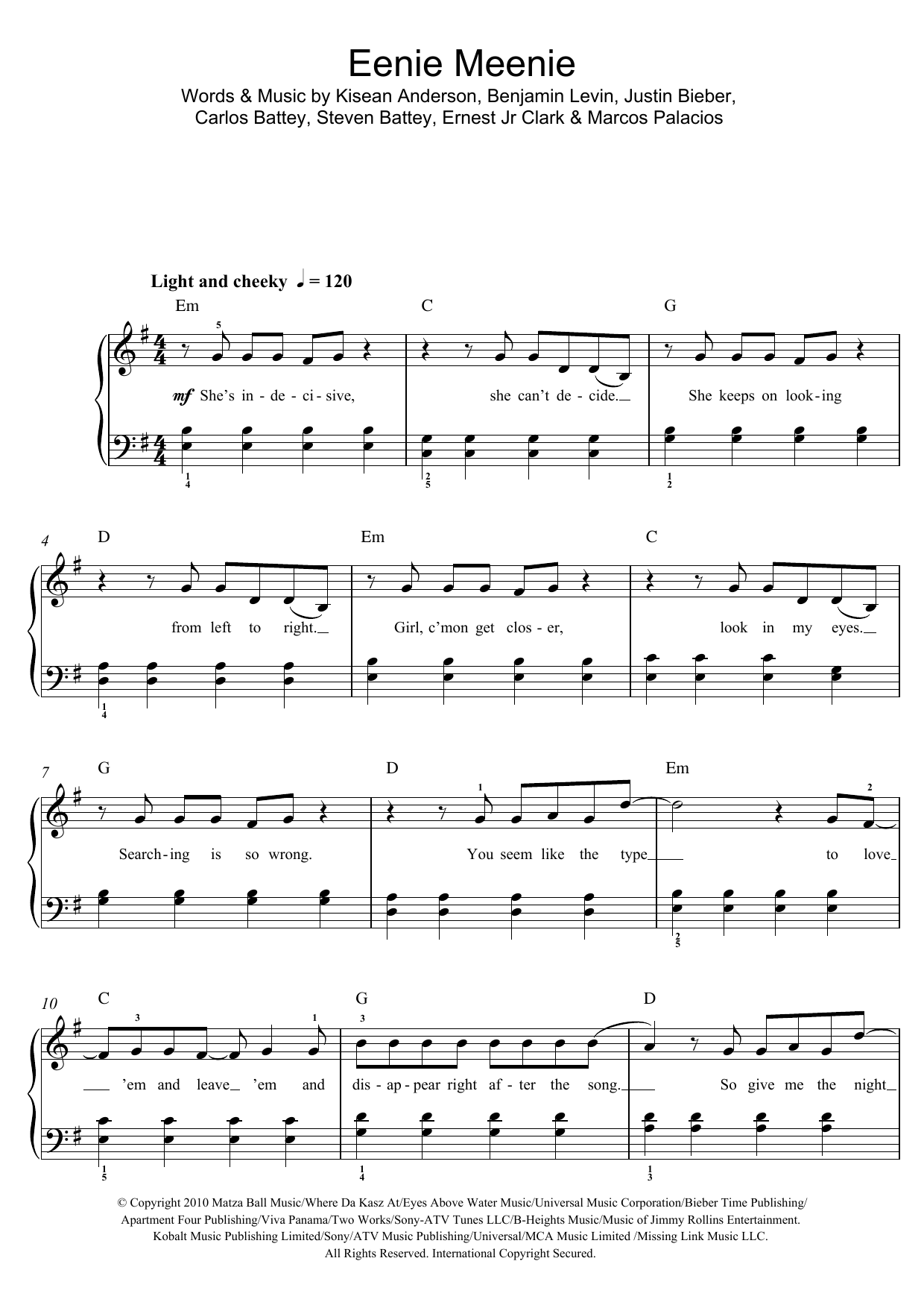 Sean Kingston Eenie Meenie Sheet Music Notes & Chords for Beginner Piano - Download or Print PDF