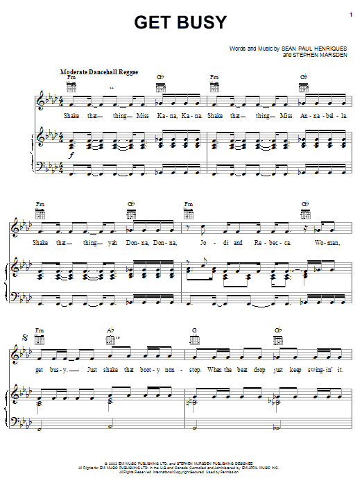 Sean Paul Get Busy Sheet Music Notes & Chords for Piano, Vocal & Guitar (Right-Hand Melody) - Download or Print PDF Sean Paul Get Busy Sheet Music Notes & Chords for Piano, Vocal & Guitar (Right-Hand Melody) - Download or Print PDF