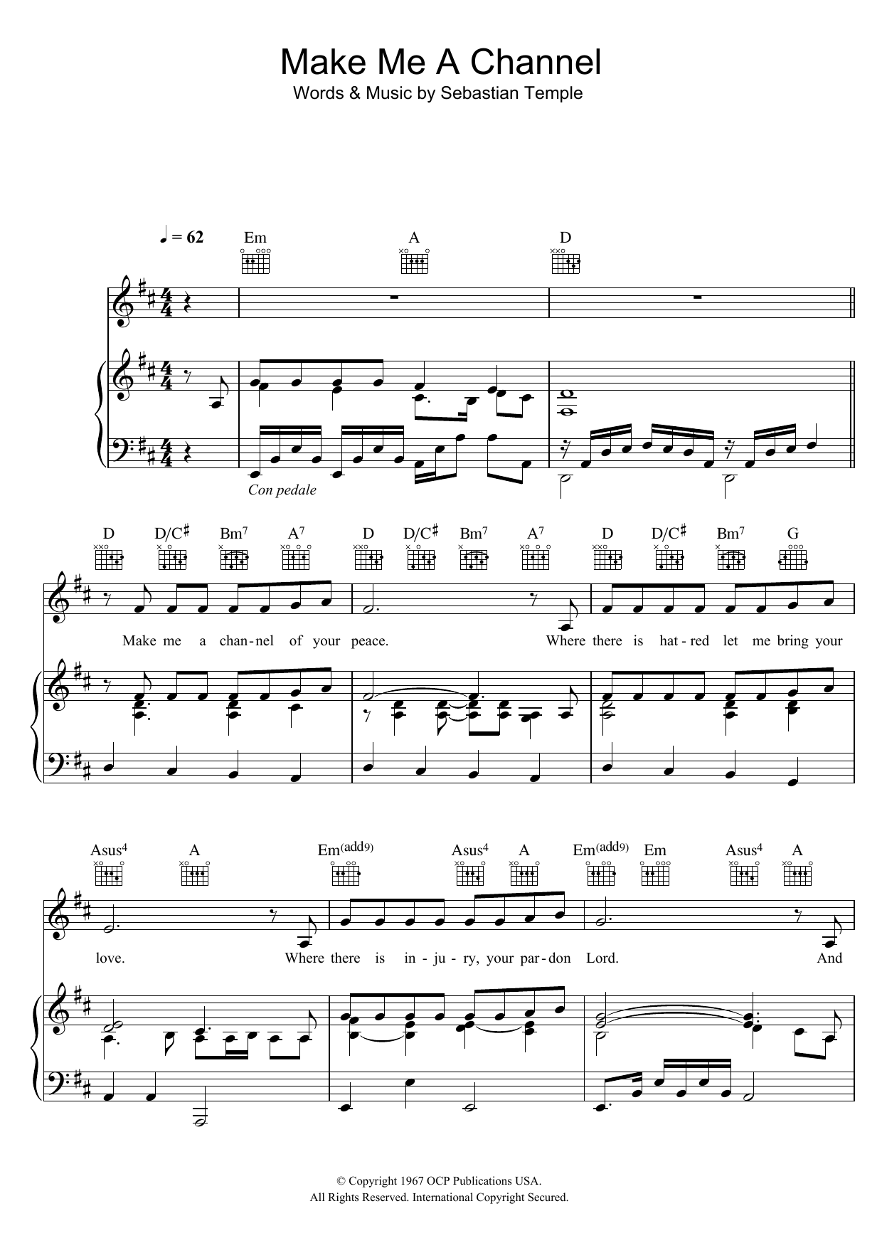 Sebastian Temple Make Me A Channel Of Your Peace (Prayer Of St.Francis) Sheet Music Notes & Chords for Piano, Vocal & Guitar (Right-Hand Melody) - Download or Print PDF
