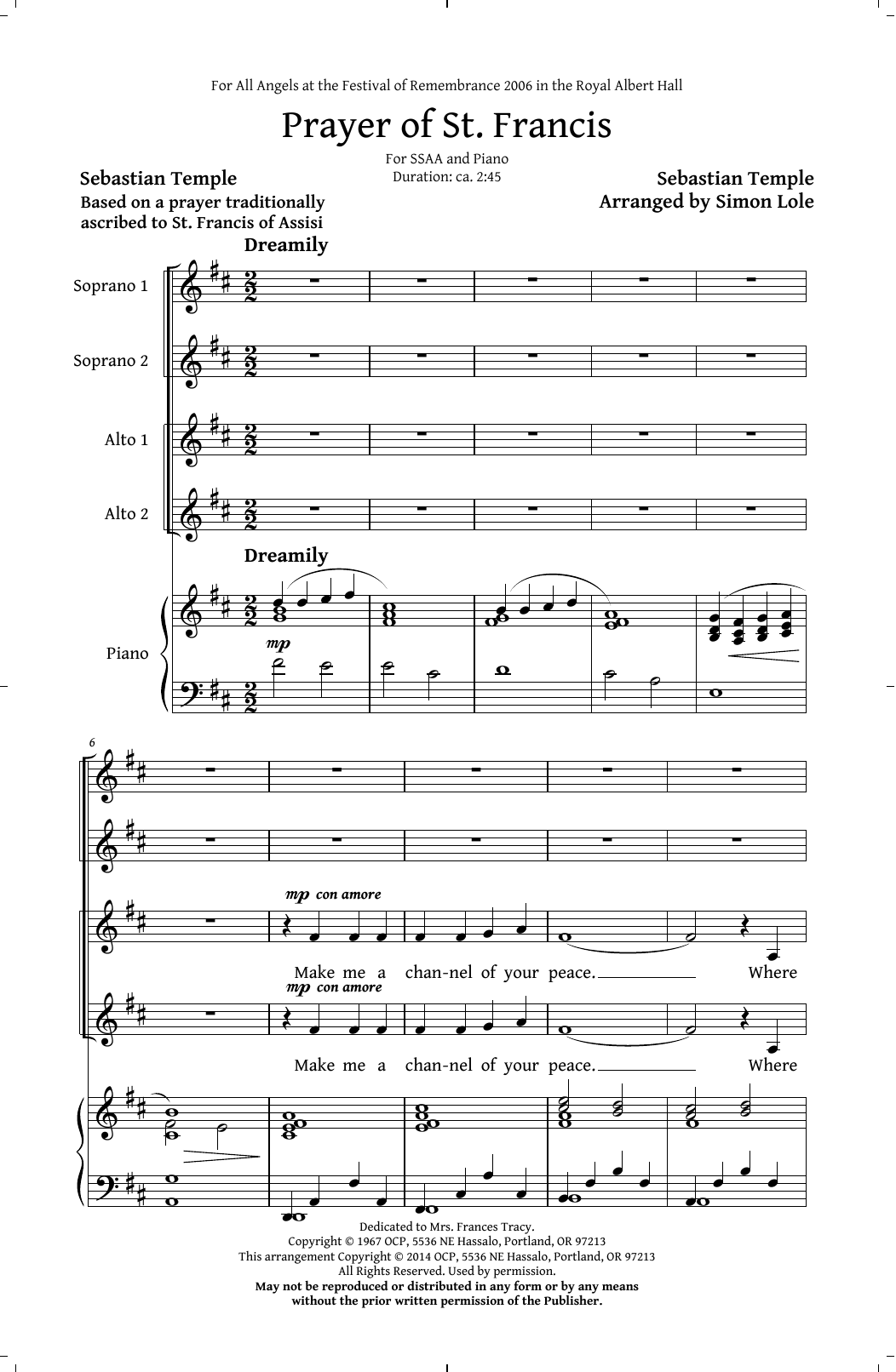 Sebastian Temple Prayer Of St. Francis (arr. Simon Lole) Sheet Music Notes & Chords for SSAA Choir - Download or Print PDF