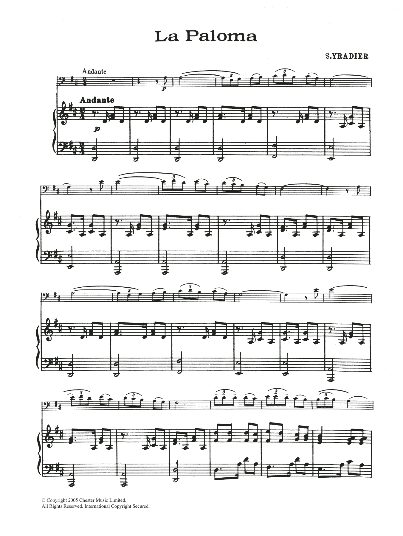 Sebastian Yradier La Paloma Sheet Music Notes & Chords for Cello - Download or Print PDF