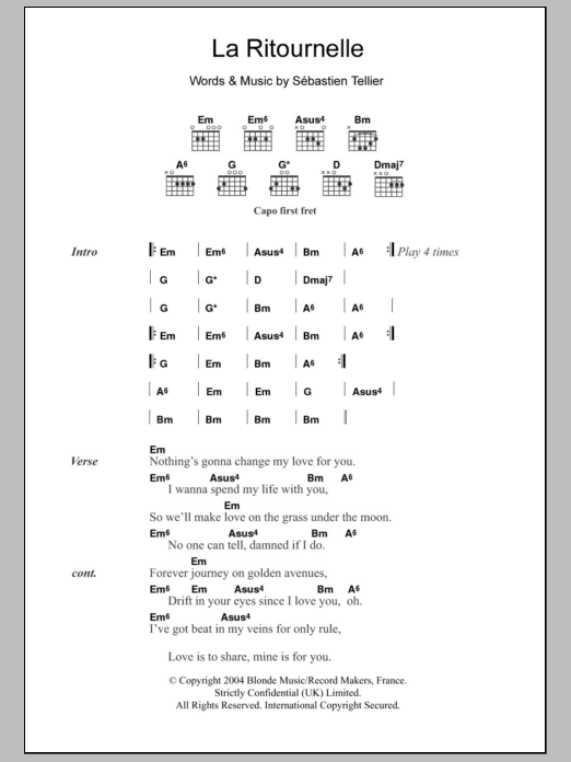 Sébastien Tellier La Ritournelle Sheet Music Notes & Chords for Lyrics & Chords - Download or Print PDF