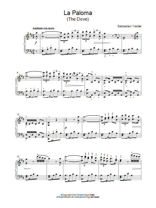 Sebastien Yradier La Paloma Sheet Music Notes & Chords for Piano - Download or Print PDF